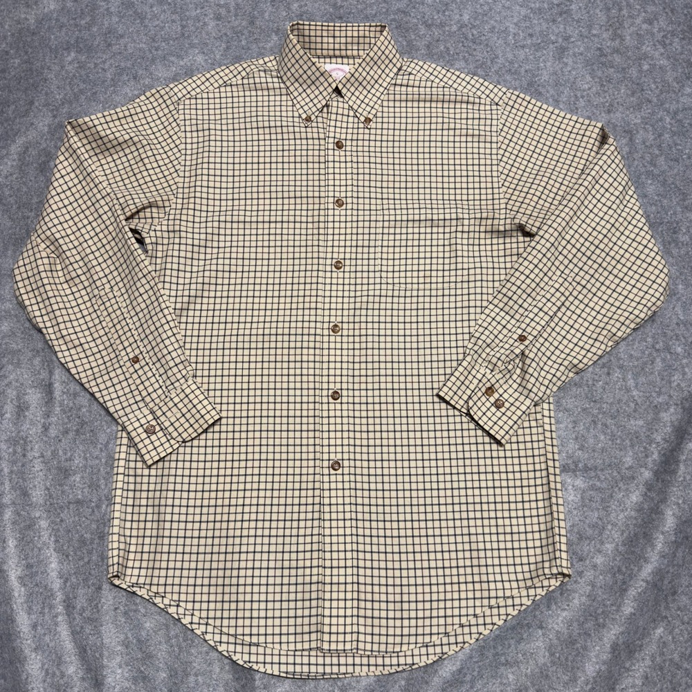Brooks Brothers 346 Mens Small Non-Iron Cotton Tan Tattersall Button Down‎ Shirt
